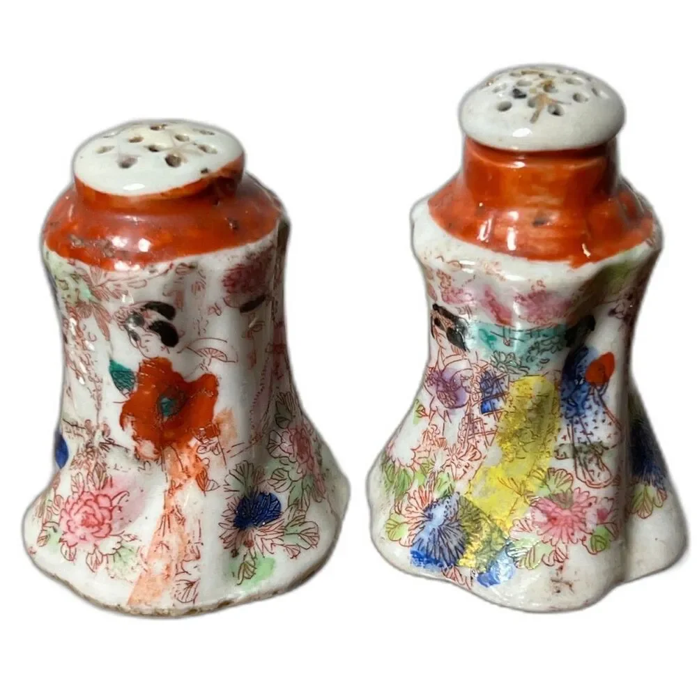 Vintage Japan Hand Painted Salt & Pepper Shakers Moriage Style Floral Geisha MCM